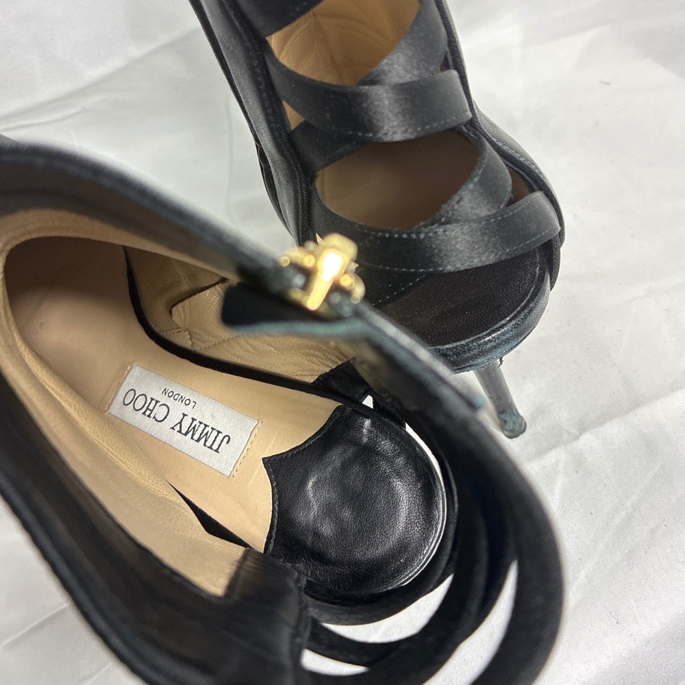 Jimmy Choo Black Leather Satin Cage Back Pointed Toe Ankle Boots Size 39 - Picture 4 of 9